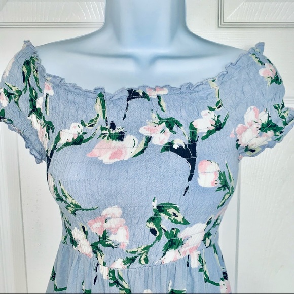 Sky Blue and Blush Pink Flowers Cotton Mini Dress Women’s Sz L - Picture 5 of 10